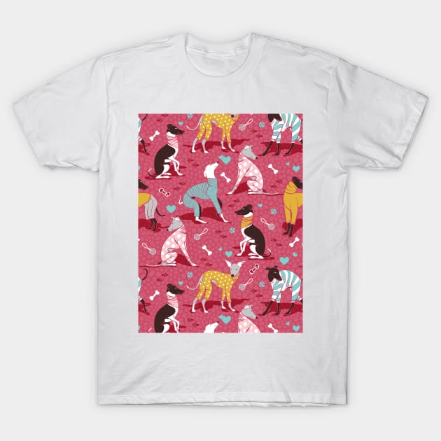 Greyhounds dogwalk // pattern // red background T-Shirt by SelmaCardoso